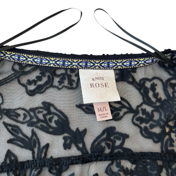 Knox Rose Black Floral Velvet Burnout Kimono M/L Sheer Duster Boho Goth Witchy - Picture 5 of 13